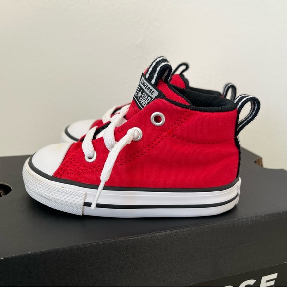 Lightly worn, red/black/white mid high-top converse-sneaker, infant US 5. - Picture 5 of 6
